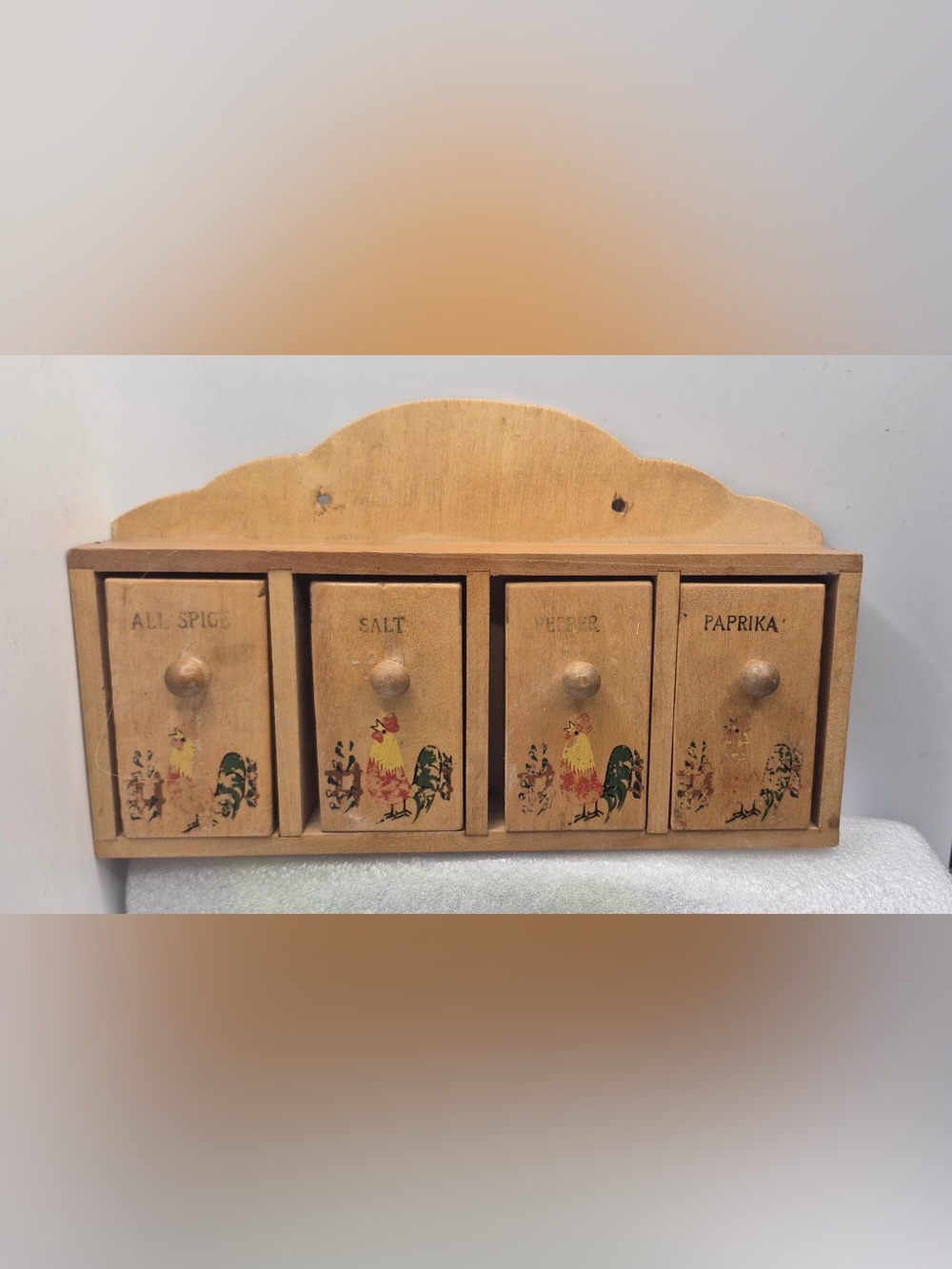 Antique Hanging Wooden Spice Rack with Roosters - Rustic Farmhouse Kitchen Decor